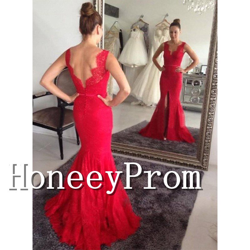 Sleeveless Front Slit Red Prom Dresses, Dresses for Prom