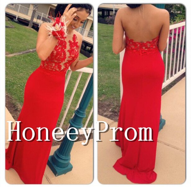 Halter Red Lace Applique Prom Dresses, Dresses for Prom