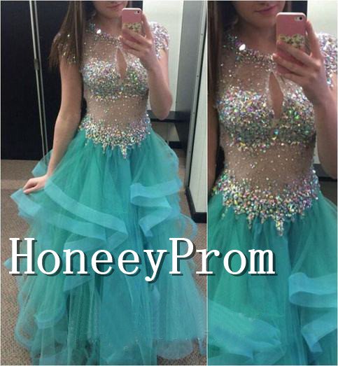Cap Sleeve Sparkly Ruffles Prom Dresses, Dresses for Prom
