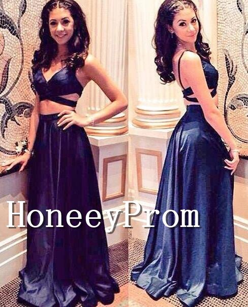 Two Piece A-Line Blue Prom Dresses, Dresses for Prom