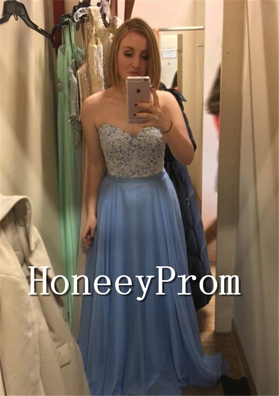 A-Line Long Chiffon Blue Prom Dresses, Dresses for Prom