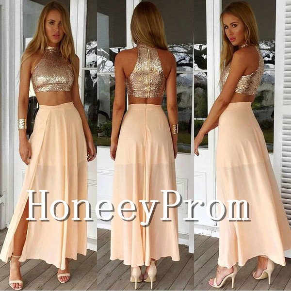 Two Piece Sleeveless Sequined Prom Dresses, Dresses for Prom