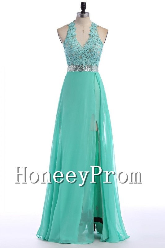 High Neck Side Slit Prom Dresses, Dresses for Prom