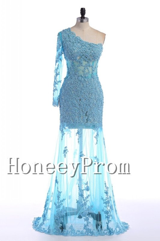 One Shoulder Lace Applique Prom Dresses, Dresses for Prom