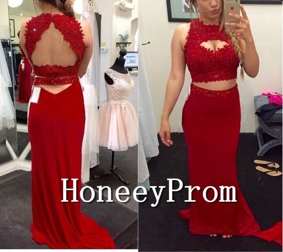 Two Piece Sleeveless Red Prom Dresses, Dresses for Prom