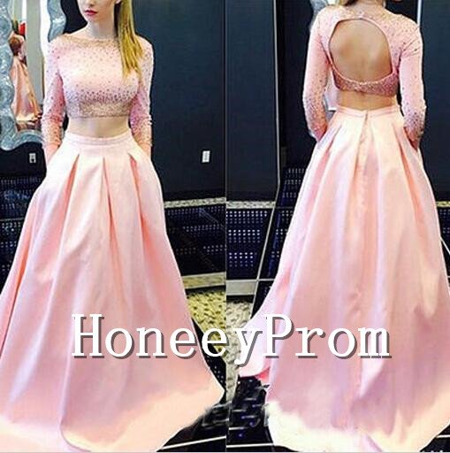 Long Sleeve Pink Beaded Prom Dresses, Dresses for Prom