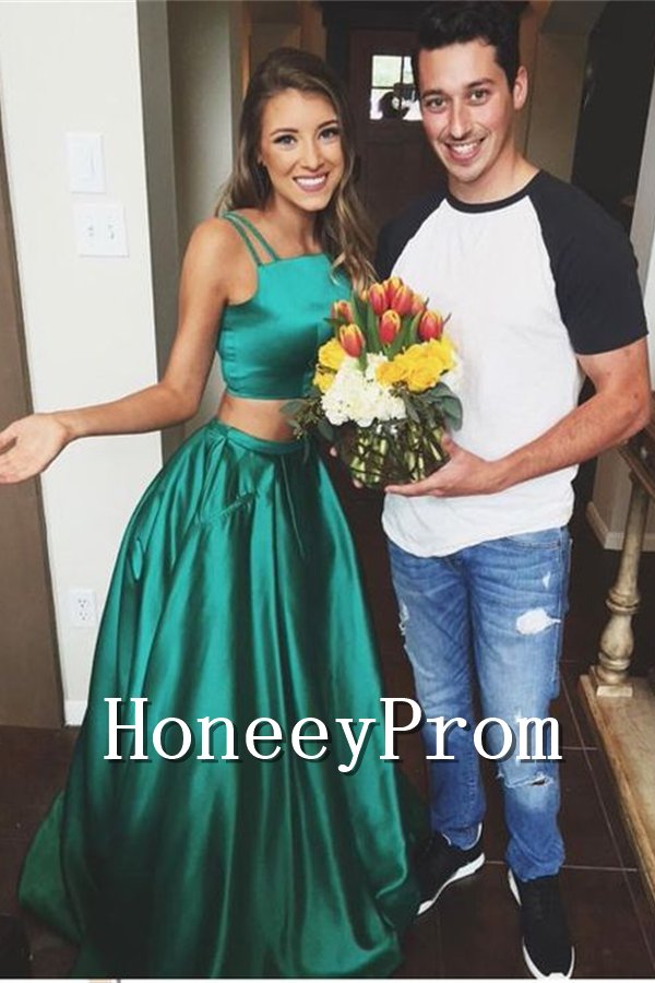 Two Piece Green Satin Prom Dresses, Dresses for Prom