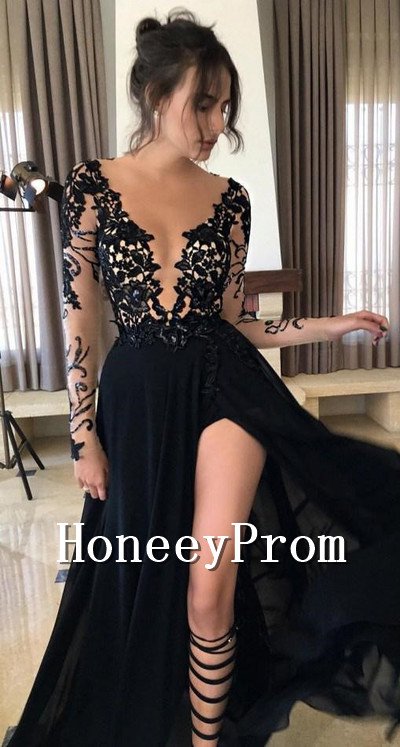 Long Sleeve Black Chiffon Prom Dresses, Dresses for Prom