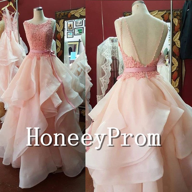 Sleeveless Backless Ruffles Tulle Prom Dresses, Dresses for Prom