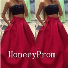 Two Piece Strapless Red Prom Dresses, Dresses for Prom