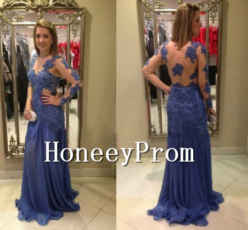 Long Sleeve Blue Applique Prom Dresses, Dresses for Prom