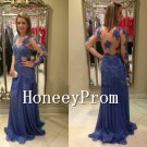Long Sleeve Blue Applique Prom Dresses, Dresses for Prom