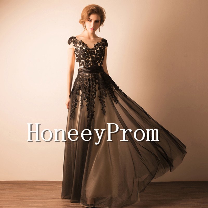Cap Sleeve Black Applique Prom Dresses, Dresses for Prom