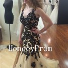 Straps Black Applique Prom Dresses, Dresses for Prom