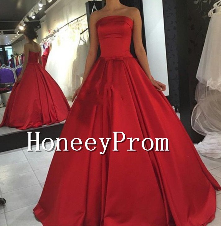 Strapless Red Satin Prom Dresses, Dresses for Prom
