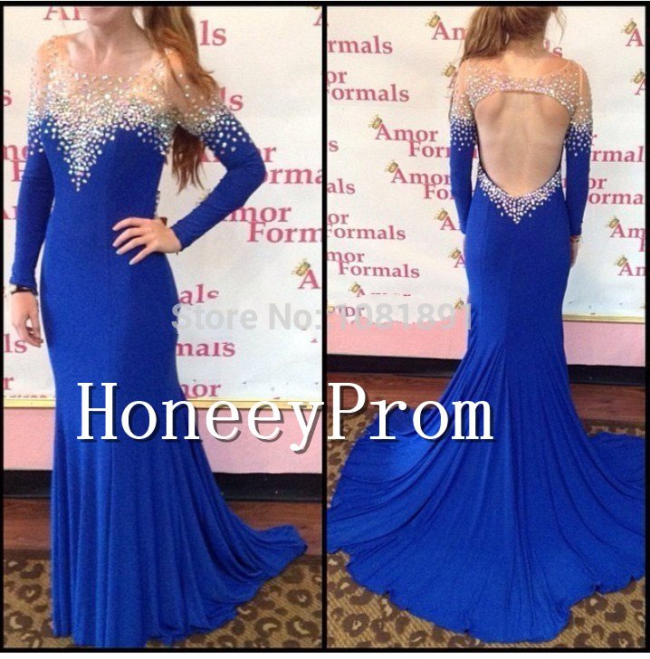 Backless Beaded Long Sleeve Prom Dresses, Dresses for Prom