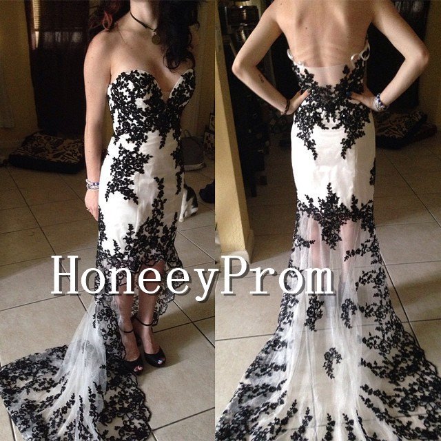 High Low Black Applique Prom Dresses, Dresses for Prom