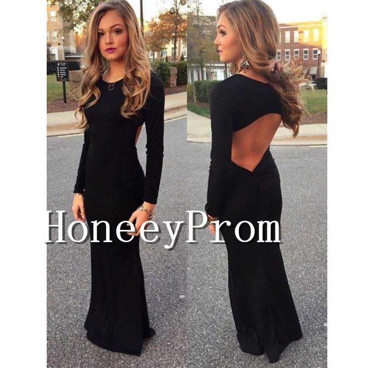 Long Sleeve Black Backless Prom Dresses, Dresses for Prom
