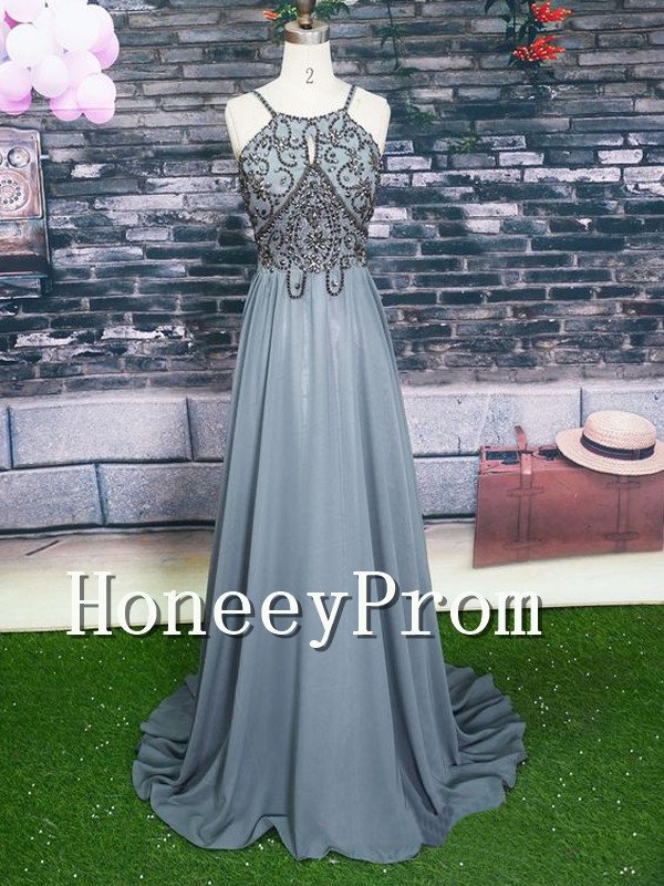 Spaghetti Straps A-Line Beaded Prom Dresses, Dresses for Prom