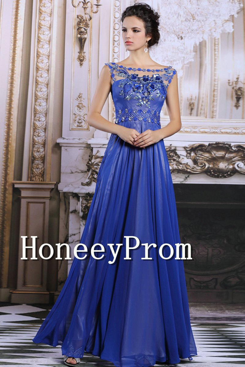 Sheer Neck Royal Blue Prom Dresses, Dresses for Prom