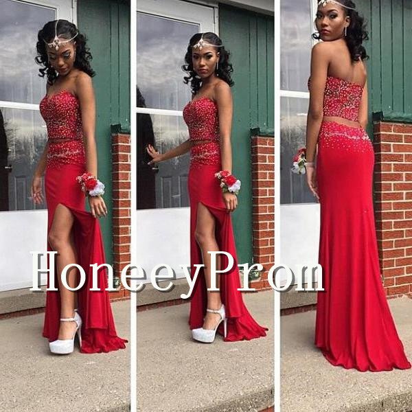 Two Piece Side Slit Prom Dresses, Dresses for Prom