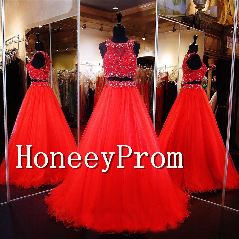 Two Piece A-Line Red Prom Dresses, Dresses for Prom
