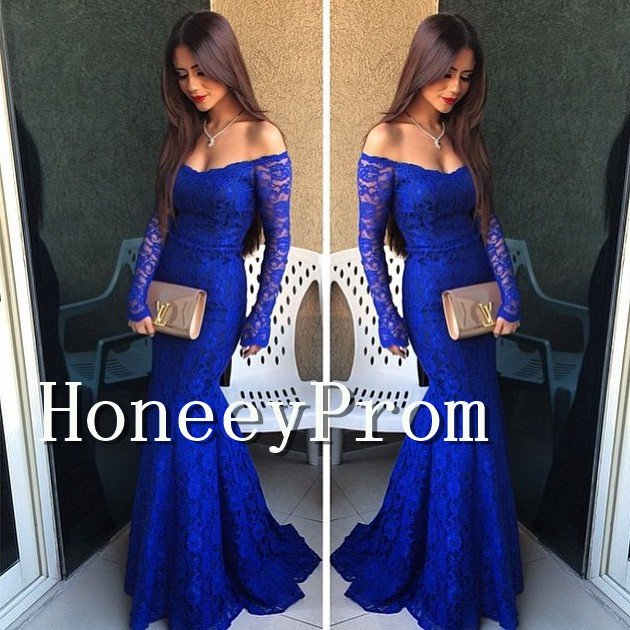 Off Shoulder Blue Lace Prom Dresses, Dresses for Prom