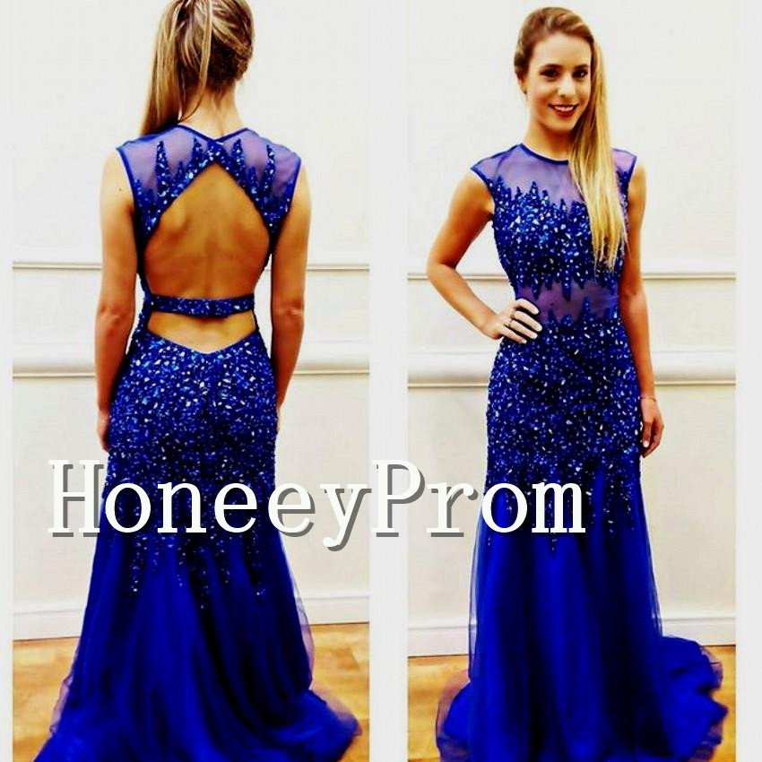 Cap Sleeve Beading Blue Prom Dresses, Dresses for Prom
