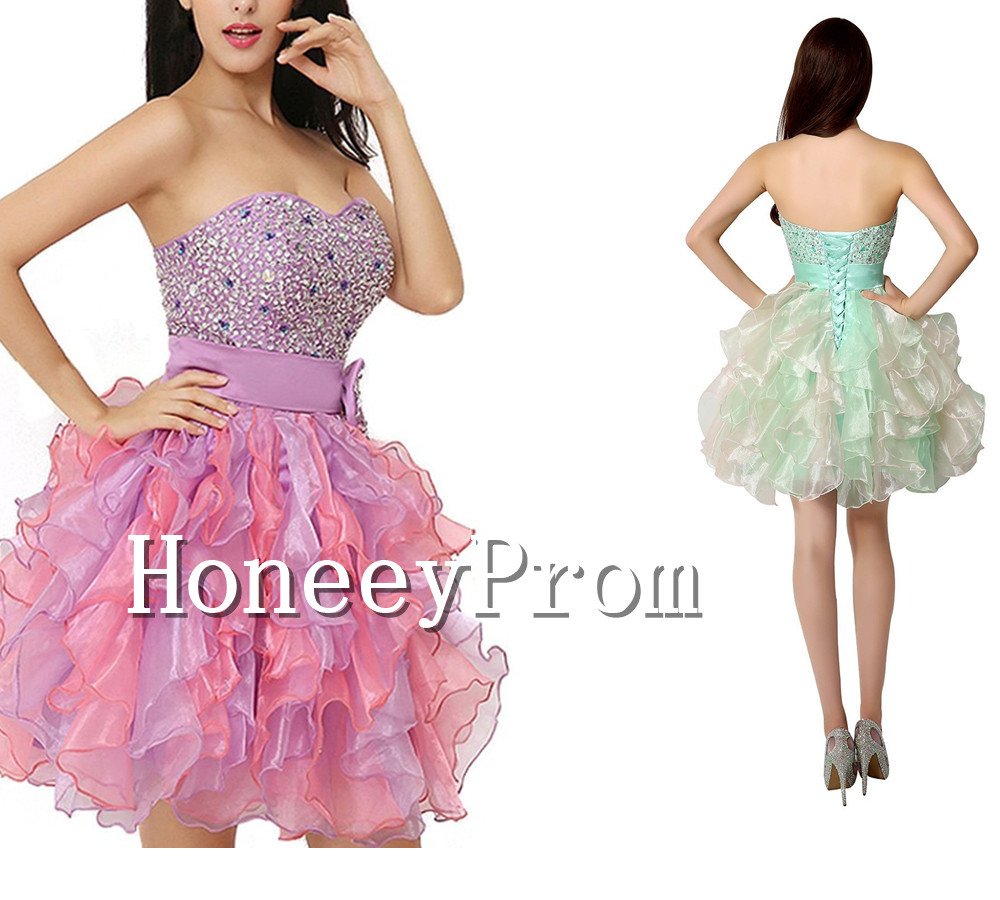 Short Ruffles Tulle Beading Prom Dresses, Dresses for Prom