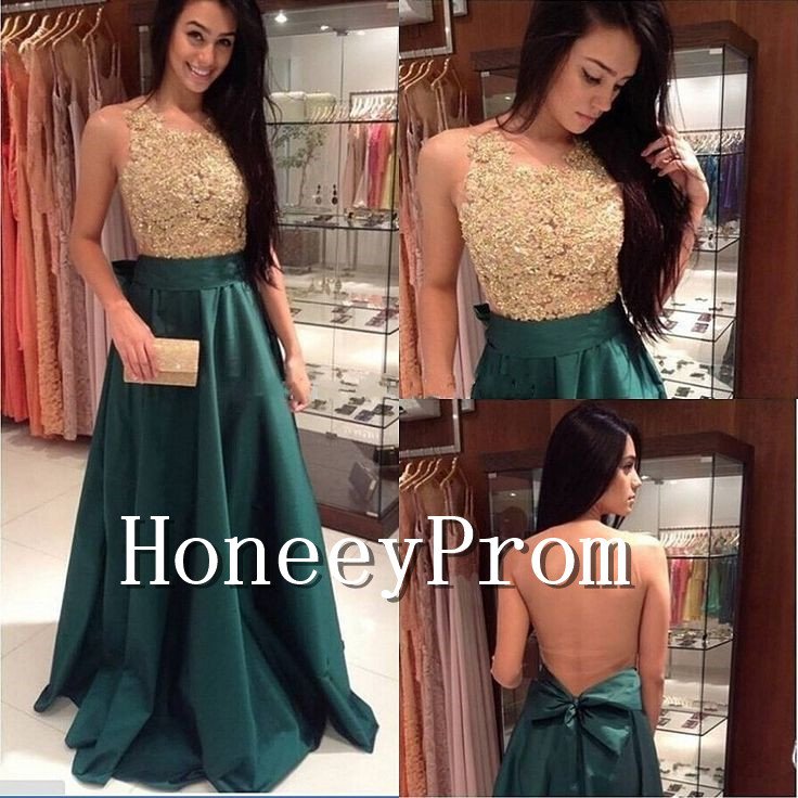 Backless Applique Green Long Prom Dresses, Dresses for Prom