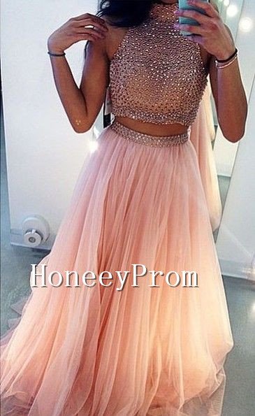 Two Piece Pink Beading Prom Dresses, Dresses for Prom