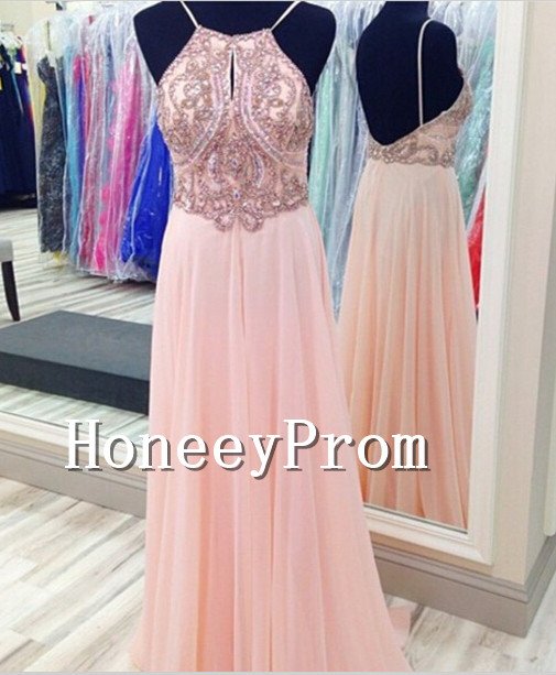 Spaghetti Straps A-Line Beaded Prom Dresses, Dresses for Prom