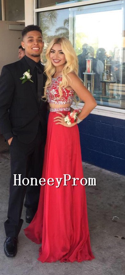 Two Piece Red Beading Prom Dresses, Dresses for Prom