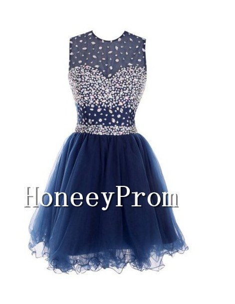 Short Beading Blue Tulle Prom Dresses, Dresses for Prom