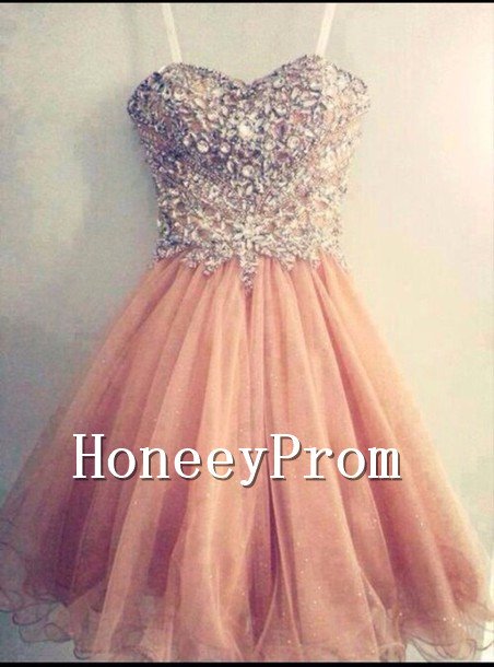 Beaded Sparkly Short Tulle Prom Dresses, Dresses for Prom