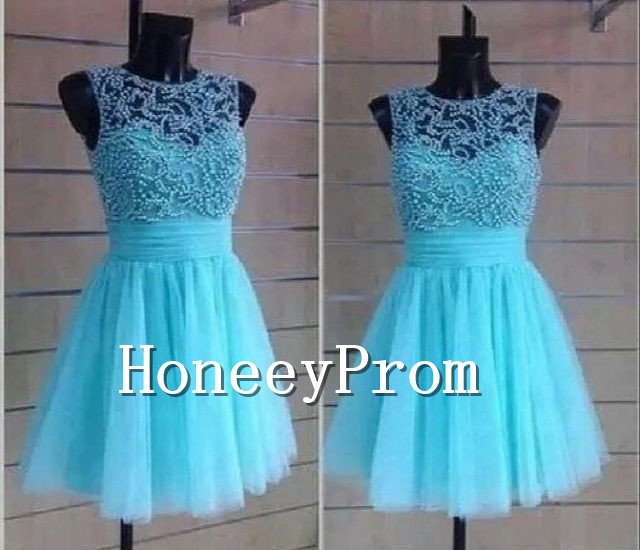 Blue Beading Short Tulle Prom Dresses, Dresses for Prom