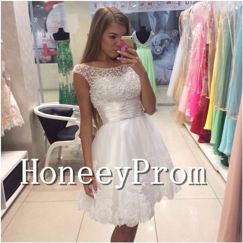 Short Lace Beading White Prom Dresses, Dresses for Prom