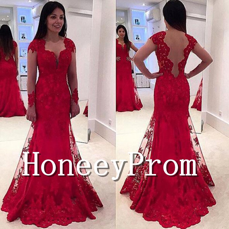 Long Sleeve Red Lace Prom Dresses, Dresses for Prom