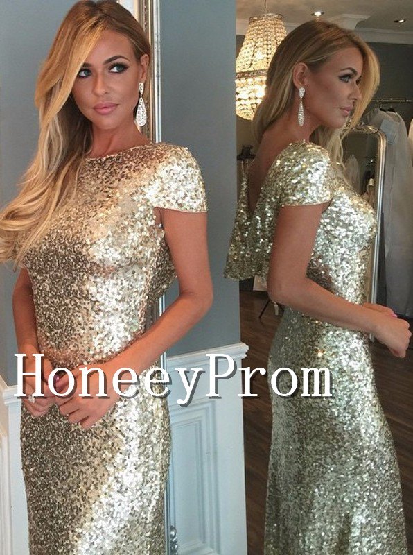 Short Sleeve Gold Sequin Prom Dresses, Dresses for Prom