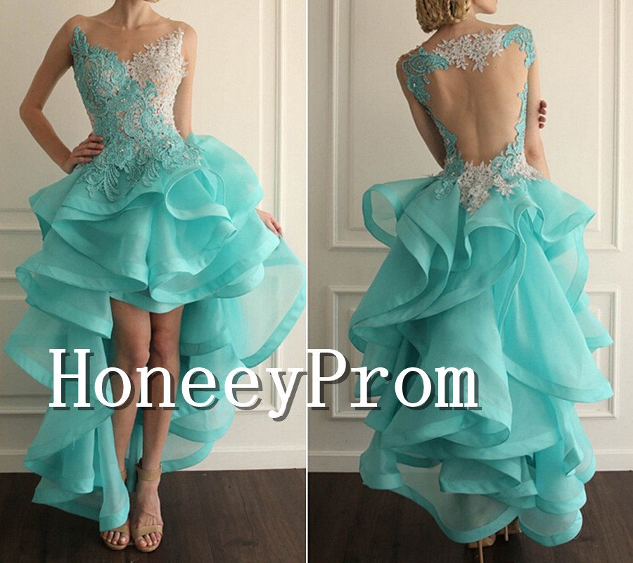 High Low Mint Ruffles Prom Dresses, Dresses for Prom