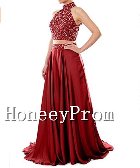 Two Piece A-Line Beaded Prom Dresses, Dresses for Prom