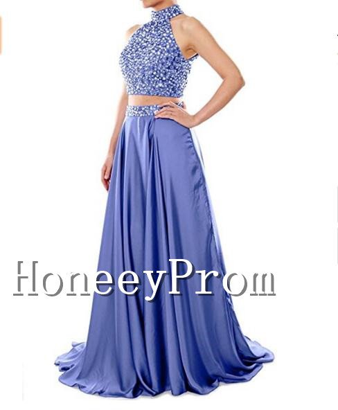 Two Piece A-Line Beaded Prom Dresses, Dresses for Prom
