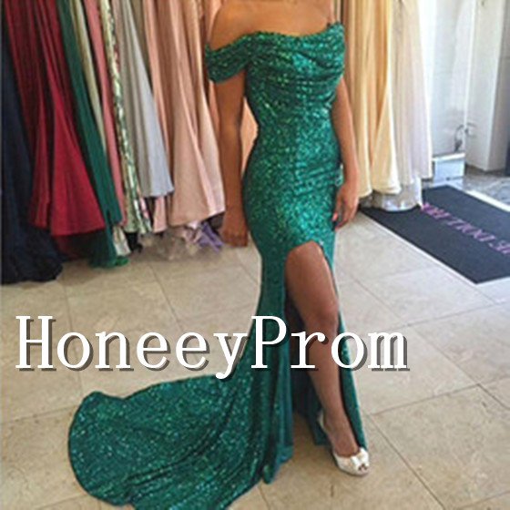 Off Shoulder Green Sequined Prom Dresses, Dresses for Prom