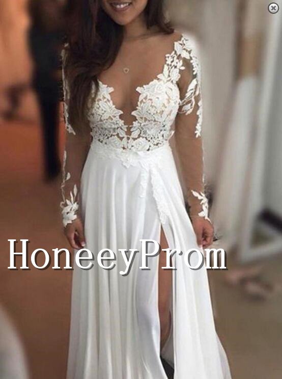 Long Sleeve White Lace Prom Dresses, Dresses for Prom