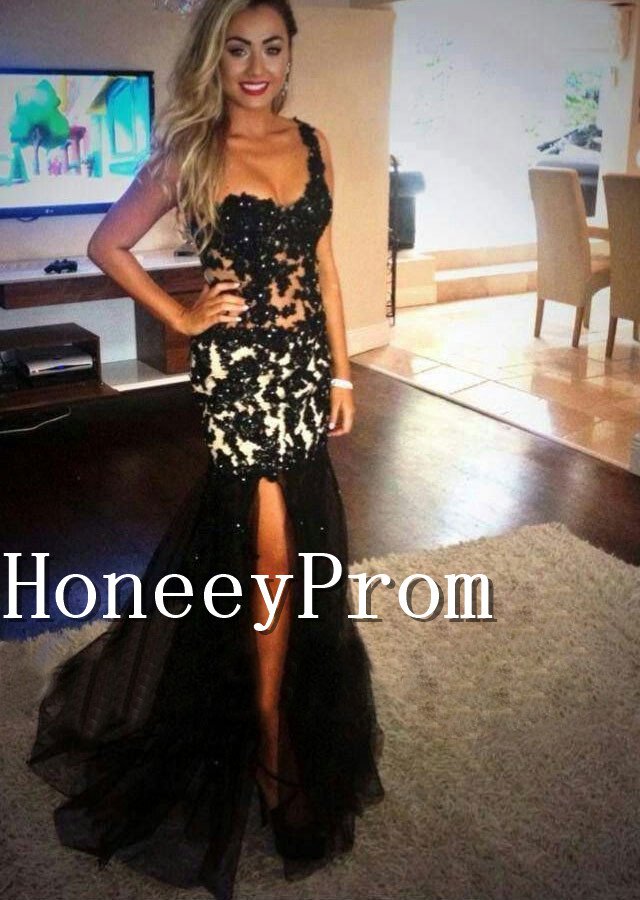 One Shoulder Black Applique Prom Dresses, Dresses for Prom