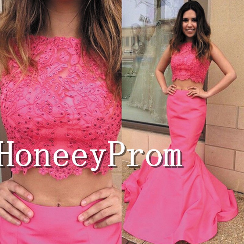 Two Piece Mermaid Hot Pink Prom Dresses, Dresses for Prom