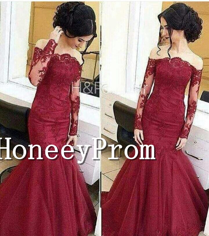 Off Shoulder Beaded Long Sleeve Prom Dresses, Dresses for Prom