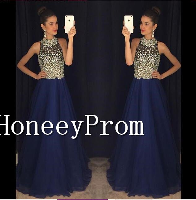 High Neck Beading Long Prom Dresses, Dresses for Prom
