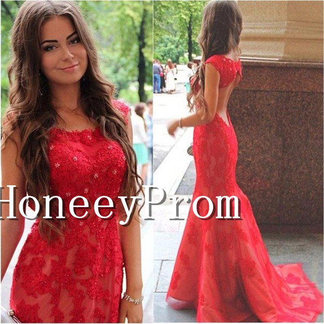 Mermaid Red Lace Backless Prom Dresses, Dresses for Prom