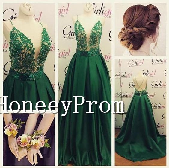 Spaghetti Straps Green Applique Prom Dresses, Dresses for Prom